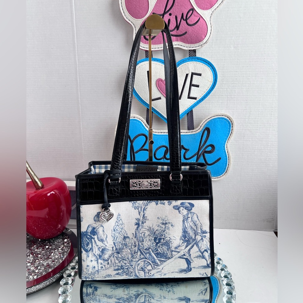 Brighton  Martine Blue Toile Canvas and Black Croc Embossed Leather Tote Bag